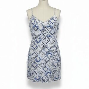 Altar'd State White Blue Floral Patchwork Mini Slip Dress Spaghetti Straps Small